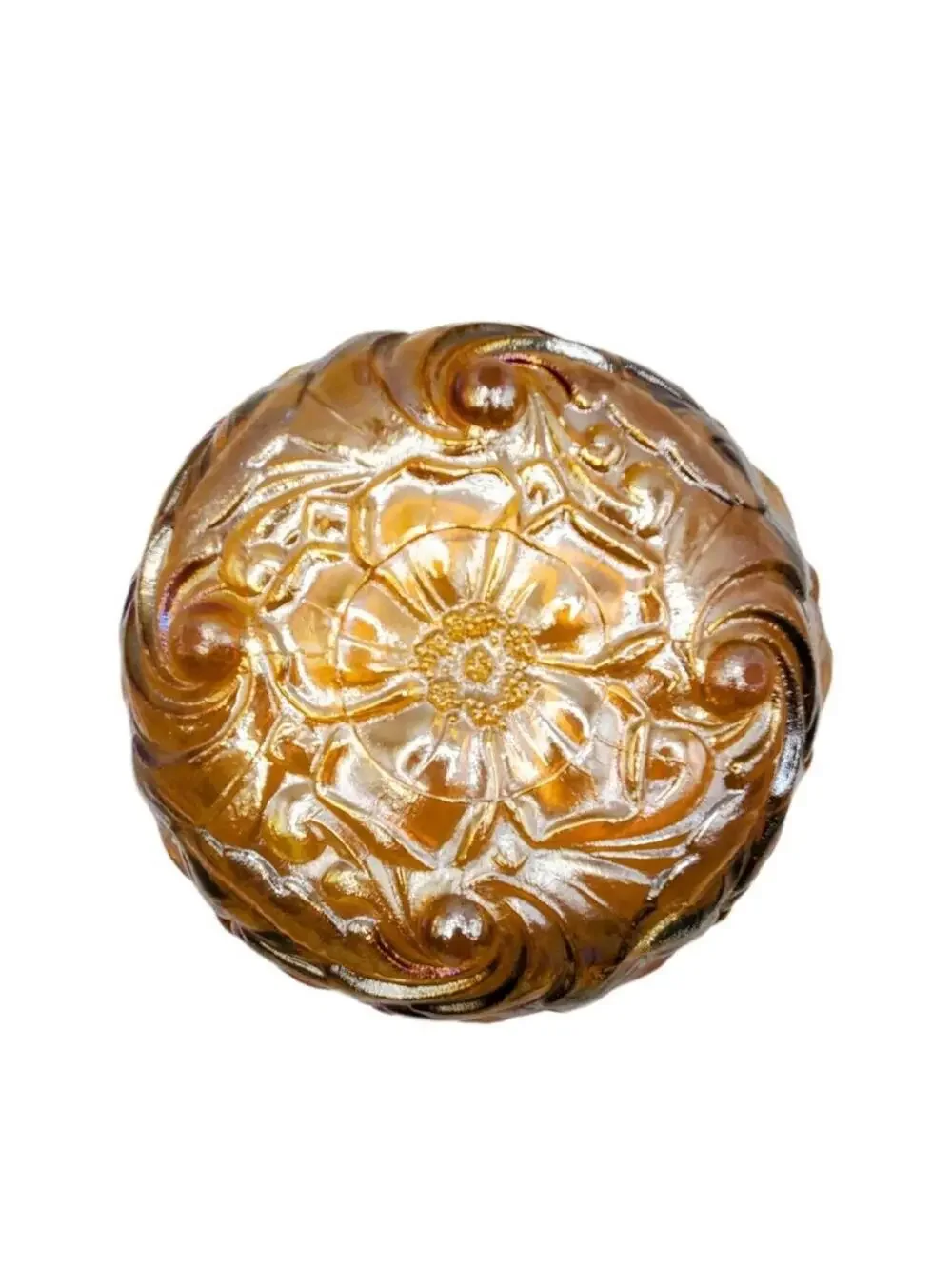 Vintage Indiana Glass Wild Rose Iridescent Amber 9” Carnival Glass Footed Bowl